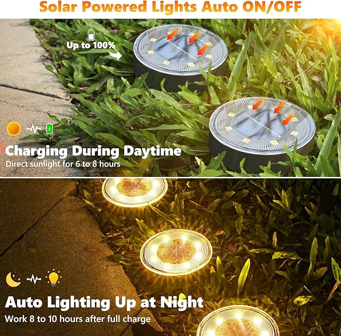 Joomer 16 Pack Solar Ground Lights, 2-in-1 Solar Lights Outdoor Waterproof Solar Powered Disc Light Landscape Garden Lighting Light for Patio Pathway Lawn Yard Driveway Walkway Deck Step(Warm White)