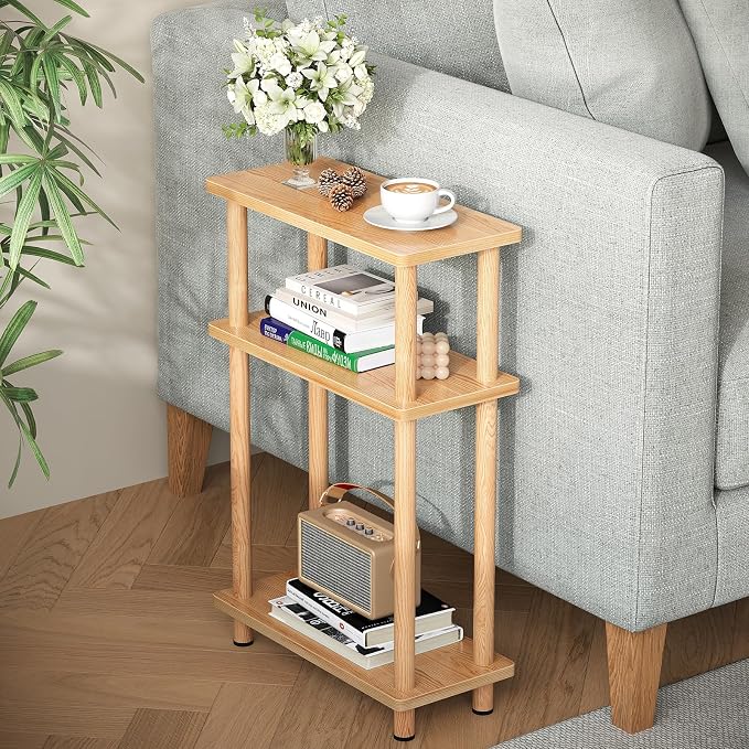 Apicizon Small Narrow Side Table, 3-Tier Skinny End Table for Small Spaces, Slim Nightstand with Storage Shelf, Bedside Table for Living Room, Bedroom, Natural