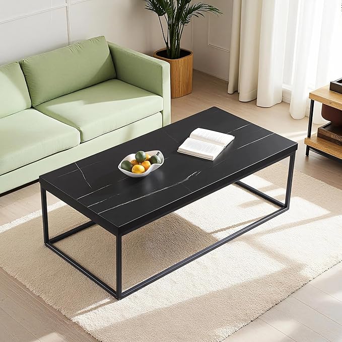 CENSI Modern Black Marble Coffee Table for Living Room - 47" Rectangular Center Table with Extra Thick 1.6" Faux Stone Top & Sturdy Metal Frame, Industrial Cocktail Table, Easy Assembly