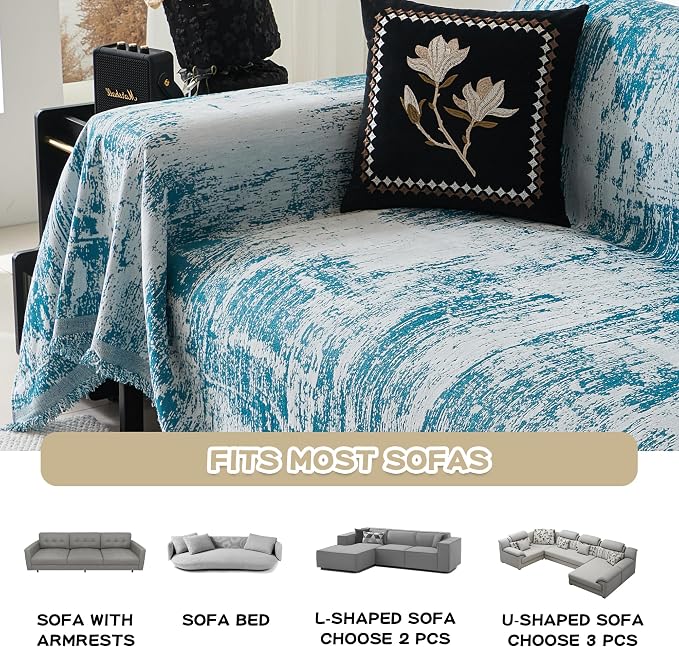 MEETSKY Boho Couch Cover for 2 Cushion Couch Sofa, Chenille Sofa Cover for Sectional Sofa, Modern Khaki Abstract Jacquard Sofa Covers Washable Sofa Slipcover for Pets Friendly, 91" X118",Blue