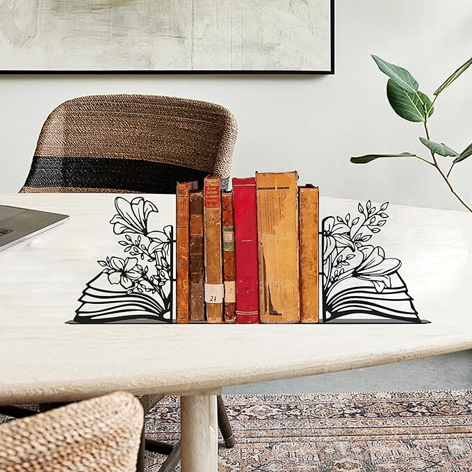 Metal Flower & Book Design Decorative Bookends – Cute Bookends for Shelves, Reading Room Decor for Book Lovers