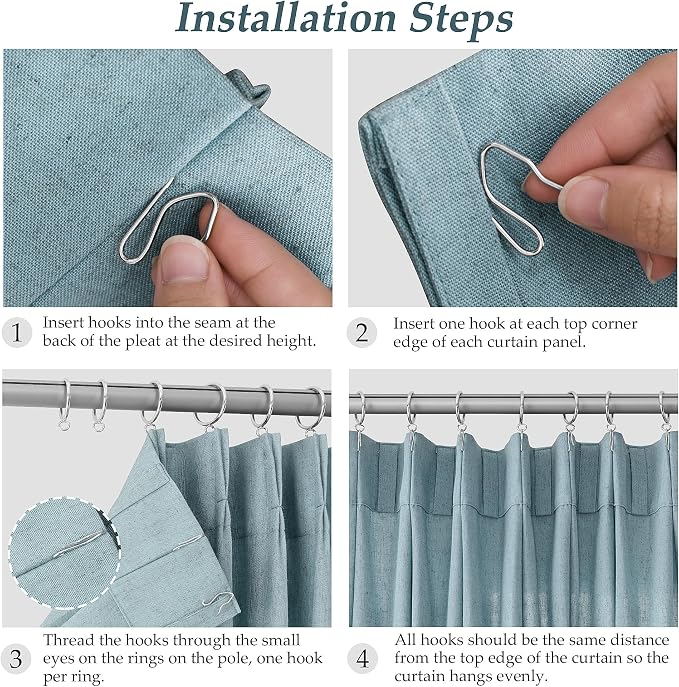 Pinch Pleated 90 Inch Curtains 2 Panels for Living Room Linen Curtains 90 Inches Long Pinch Pleat Drapes for Track System Light Filter Semi Sheer Curtain for Dining Bedroom Office Stone Dusty Blue