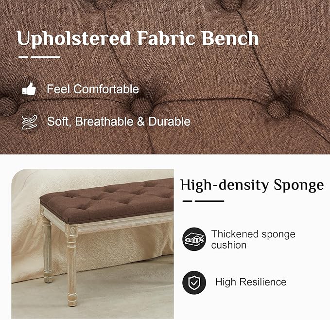 LOULENS 57.7" Linen Fabric End of Bed Bench, French Upholstered Button Tufted Bench for Bedroom End of Bed King Size, Window Seat with Carved Wood Legs for Bedroom, Living Room, Entryway, Brown