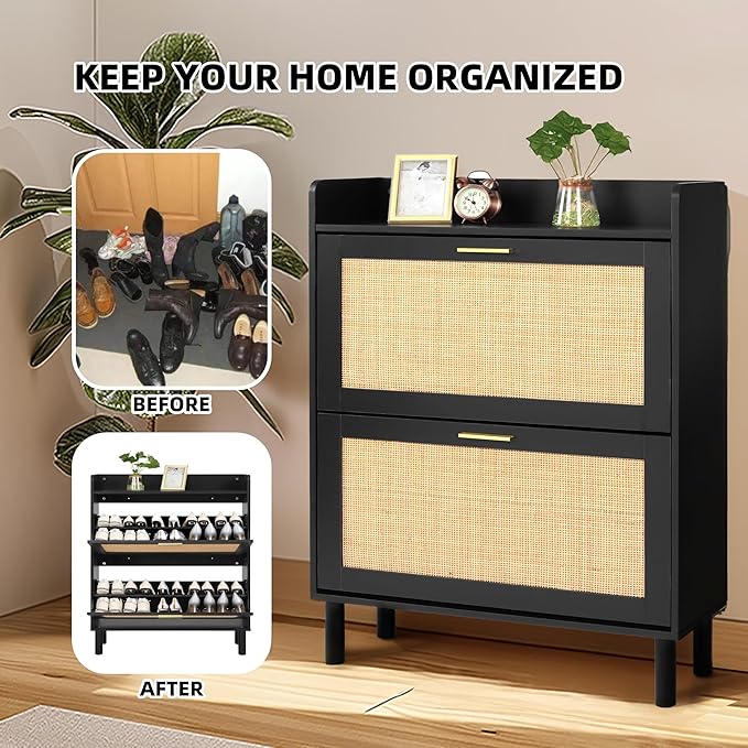 Finnhomy Extended Shoe Cabinet with Natural Rattan Flip Drawers for Entryway, Free Standing 2 Tier Slim Shoe Organizer with Large Top Board, Shoe Cabinet with 3-Gear Adjustable Width Drawers, Black