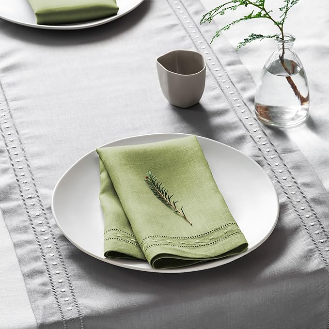 Linen Napkins 18 x 18 inch - 100% Flax Linen Olive Green Dinner Napkins with Embroidered Dot 18 x 18 inch - Hemstitch Cloth Napkins Washable for Easter Day and Spring Holiday