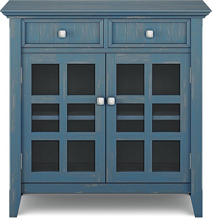 SIMPLIHOME Acadian Solid Wood 48 inch Wide Storage Bench that Seats 2 and 36 inch Wide Storage Cabinet in Distressed Coastal Blue for the Living Room, Entryway, and Family Room, Transitional Style