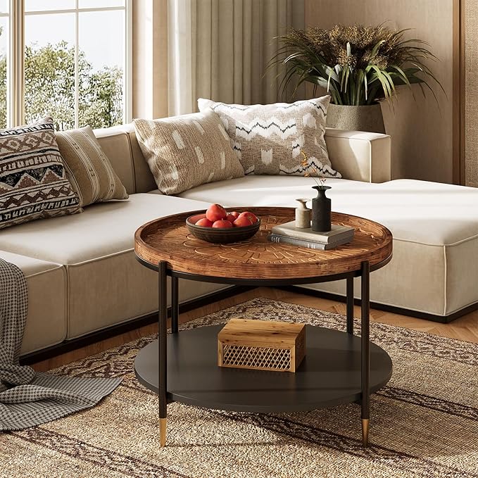 Solid Wood Round Coffee Table, 31.5-Inch Boho Center Tea Table with Metal Storage Frame & Carved Floral Pattern, Living Room Coffee Table Furniture for Small Spaces, Apartment, Rustic Brown