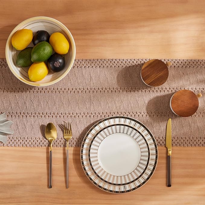 ZeeMart Macrame Style Boho Table Runner, Taupe Table Runners 108 Inches Long, Farmhouse Woven Home Decor, 12x108 Inch, Taupe