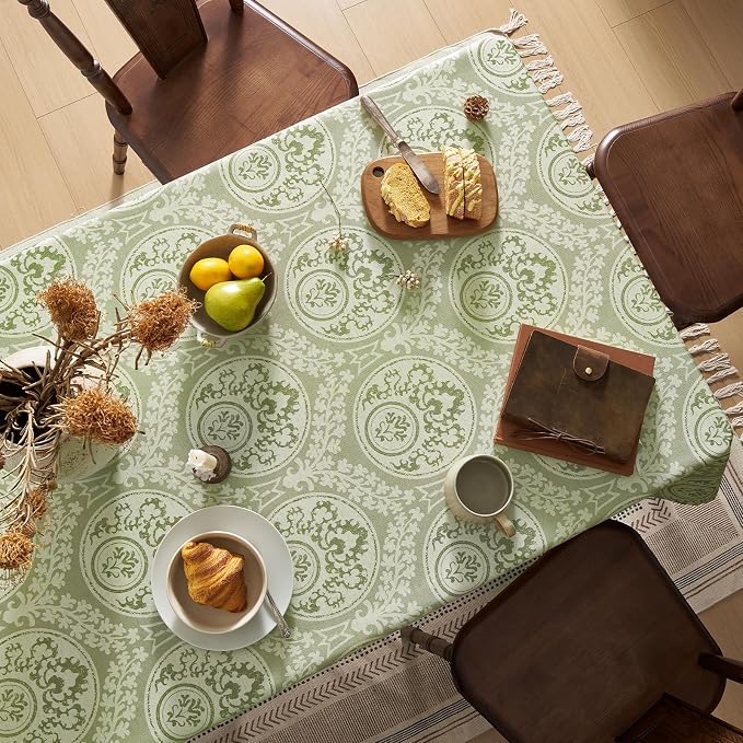 Vintage Green Floral Rectangle Tablecloth: Linen Printed Farmhouse Table Cloth - Damask Patterned on Burlap Textured Fabric Outdoor Table Cover for Kitchen,Dining,Party,Picnic Decor, 55x120 Inch