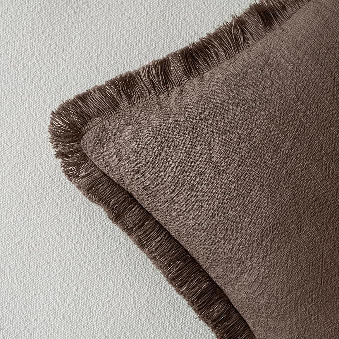 MIULEE Decorative Throw Pillow Covers Neutral Linen Fringe Throw Pillows Set of 2 Reddish Brown Boho Farmhouse Cushion Covers with Tassels for Couch Sofa Bed Living Room Spring Decor 18x18 Inch