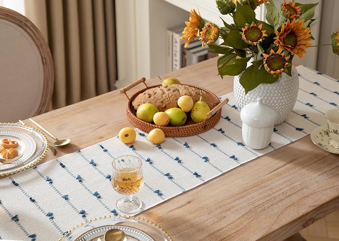 Caflife Boho Table Runner 72 Inchs Long for Modern Farmhouse Room Home Decor, Blue and Beige Coffee Table Runner, Natural Cotton Woven with Tassels Neutral, for Kitchen Dining Table Decor