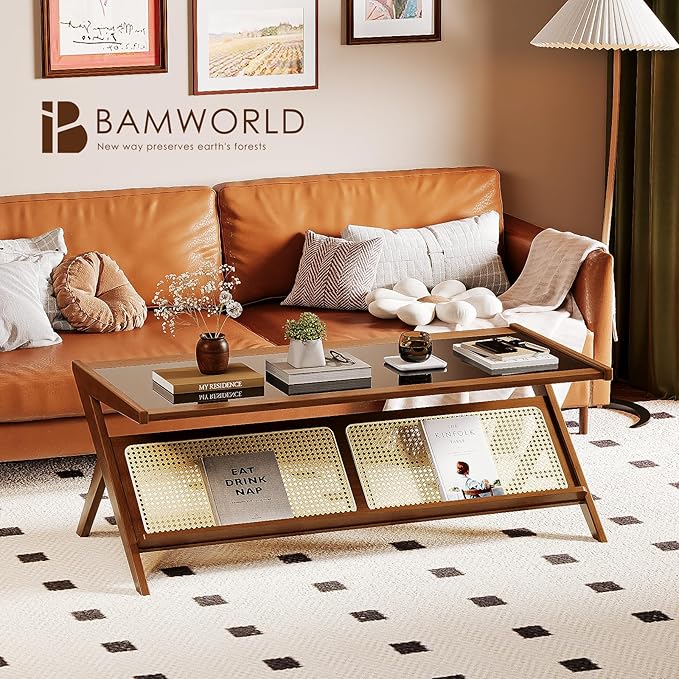 Bamworld Rattan Coffee Table with Glass Top Mid-Century Modern Center Table with Storage for Living Room Table Brown