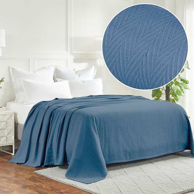 Superior Metro All-Season Cotton Blanket, Woven Blanket for Couch, Bed, Bedding, Farmhouse, Home Essentials, Cute and Cozy Bohemian Blankets, Herringbone Weave, Twin Size, Denim Blue