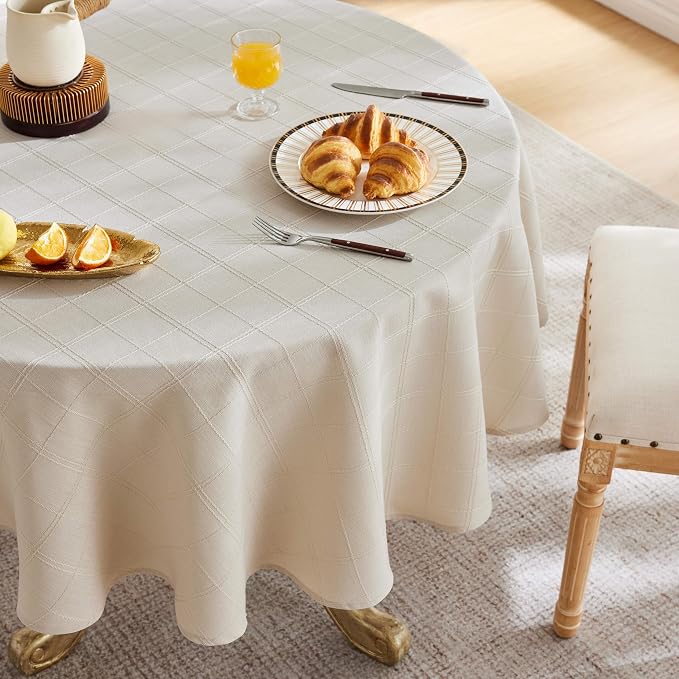 ZeeMart Linen Checked Table Cloth 52 Inches Round, Farmhouse Style Plaid Embroidered Water Resistant Table Cover, Beige