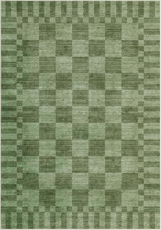 GarveeHome Moss Green Checkered Rug,Washable 3x5 Rug Non Slip for Entryway,Modern Soft Low-Pile,Neutral Farmhouse Geometric Checkerboard Rug,Small Area Rugs for Bedroom Kitchen Dining Room