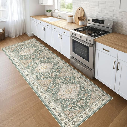 Runner Rug Kitchen Washable Rugs: 3x10 Non-Slip Abstract Soft Modern Stain Resistant Indoor Floor Neutral Accent Throw Carpet for Hallway Bathroom Laundry Room Entryway Bedroom- Green