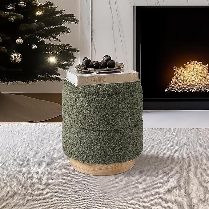 Get Set Style Round Ottoman with Storage, Modern Boucle Ottoman Upholstered Foot Stool with Wood Base, Vanity Stool Chair, Footrest Extra Seat for Living Room Bedroom Entryway (Olive Green)