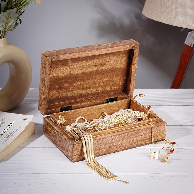 Ajuny Handmade Wooden Decorative Storage Box Star Floral Pattern Multipurpose Keepsake Treasure Chest Box for Memory Cards, Watches, Jewlery and Small Accessories Gift for Men and Women - 8X5 Inch