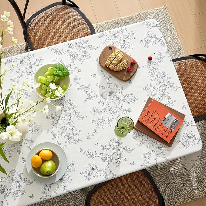 Linen Table Cloth Rectangle Tables Floral Tablecloth with Gray Flowers Pattern Burlap Textured Farmhouse Vintage French Rustic Outdoor Table Cover for Picnic,Dining,Party,Home Decor 55x72 Inch