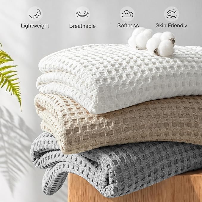 Exclusivo Mezcla Pre-Washed 100% Cotton Waffle Blanket Queen Size for Bed, 330GSM Lightweight Breathable Summer Blankets, Soft and Cozy, Home Decor, Light Grey, 90x90 Inches