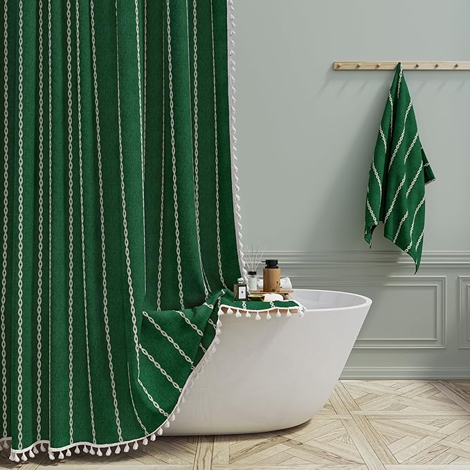 BTTN Stall Fabric Shower Curtain - 54x78 Boho Striped Linen Heavy Duty Tassel Shower Curtain Set with 10 Hook, Narrow Rustic Modern Farmhouse Bohemian Cloth Shower Curtain for Bathroom - Emerald Green
