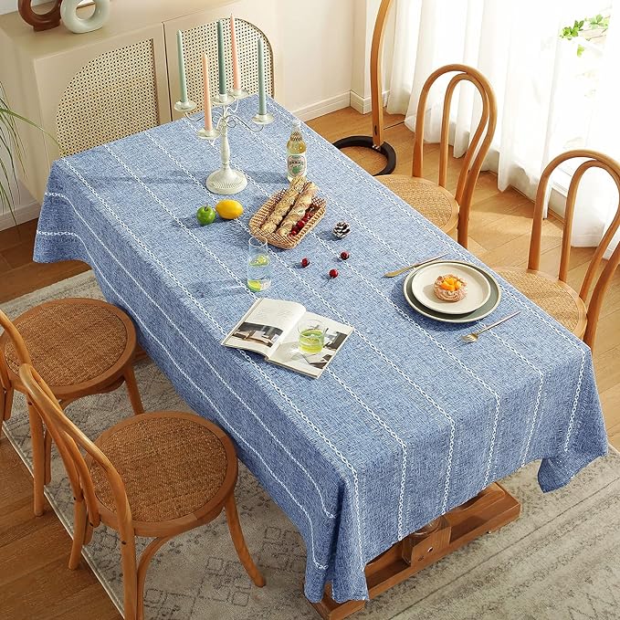 Chassic Rectangle Tablecloth 60 x 120 Inch, Farmhouse Boho Linen Table Cloths, Wrinkle Free & Washable Tablecloths for Dining Tables, Summer Kitchen Decor – Hemstitch Blue