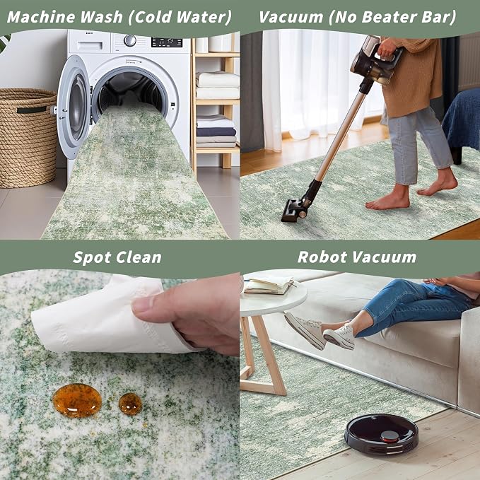 Washable Kitchen Runner Rug 3x6 - Non Slip Stain Resistant Low-Pile Thin Wide Carpet Runners for Entryway Hallway Bathroom Bedside, Modern Neutral Abstract, Sage Green, 3x6