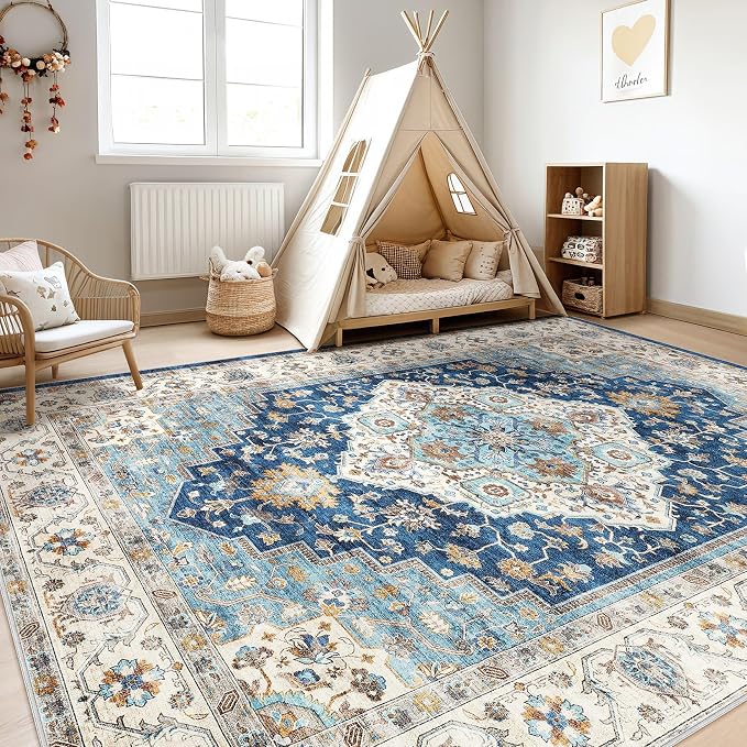 10x12 Area Rug Living Room: Washable Boho Large Neutral Vintage Soft Rugs Stain Resistant Farmhouse Non-Slip Indoor Floor Retro Carpet for Bedroom Nursery Kids Office Dining Room- Navy Beige
