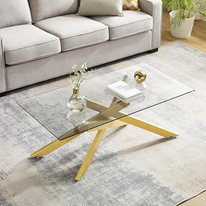Gold Coffee Table for Living Room, Modern Glass Coffee Table with 47" Tempered Glass Top and Metal Tubular Legs for Small Space, Apartment, Office