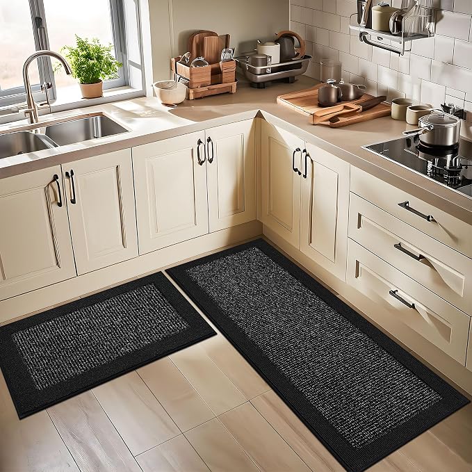 BEQHAUSE Kitchen Rugs and Mats Set of 2 Non-Slip Kitchen Mats for Floor, Absorbent and Stain Resistant Kitchen Runner, Machine Washable Rugs for Kitchen, Laundry & Sink, 20"x32"+20"x48", Black