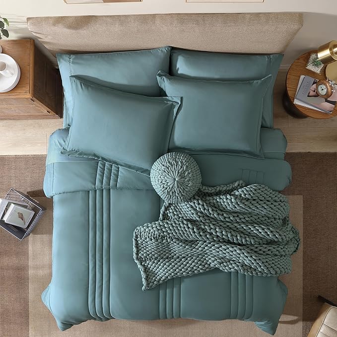 Monbix Super King Size Comforter Set - 7 Pieces Blue Green Bed in a Bag Super King Bedding Sets with Comforters, All Seasons Comforter Bed Set with Sheets,Pillowcases & Shams