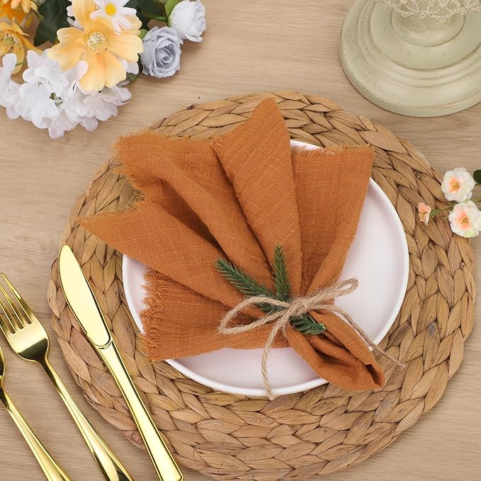 TURSTIN 24 Pieces Cotton Linen Cloth Napkin Handmade Cloth Napkin with Fringe 17 x 17 Inch Soft Dinner Wedding Napkins Square Rustic Fringe Table Napkins for Dinners, Parties, Weddings, Terracotta