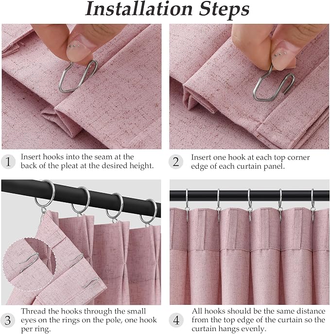 Pink Pinch Pleated Long Linen Curtains 120 Inch 2 Panels for Living Room Bedroom Sliding Glass Door Curtain Privacy Light Filtering Windows Treatment Farmhouse Neutral Rustic Decorations 40x120