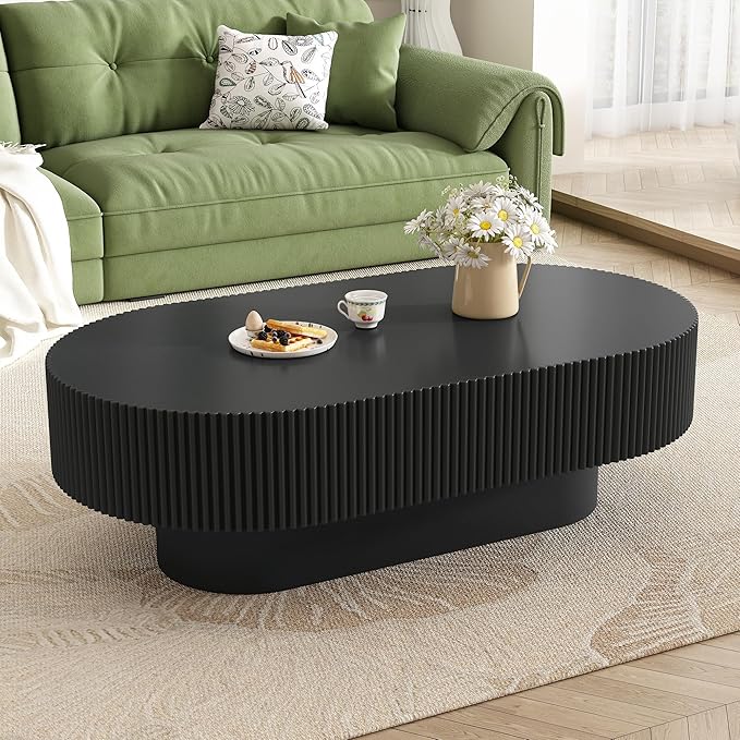 Merax Modern Oval Coffee Table with Sturdy Base, Wood Minimalist Fluted Center Tables for Living Room Reception Room, Easy Assemble,Black