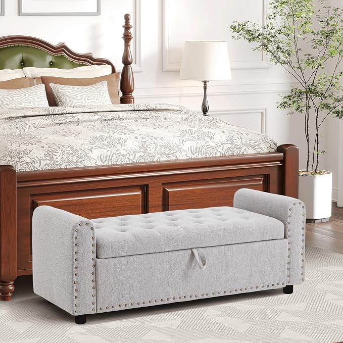 Ottoman with Storage, Tufted Storage Bench for Bedroom, 48" Fabrics End of Bed Bench, Upholstered Entryway Shoe Benches with Rolled Arm & Inner Zipper, Window Ottomans Chest with Rivets, Light Grey