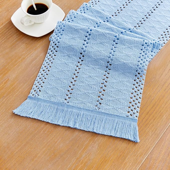 YATOJUZI Blue Table Runner Pure Blue Boho Table Runners with Tassels 108 Inches Seasonal Long Table Runner Rustic Farmhouse Table Runners for Bohemian Dining Bedroom Kitchen Decor 12x108 Inches
