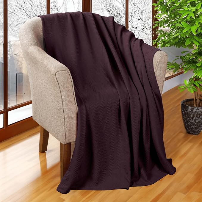 Superior Metro All-Season Cotton Blanket, Woven Blanket for Couch, Bed, Bedding, Farmhouse, Home Essentials, Cute and Cozy Bohemian Blankets, Herringbone Weave, Throw Size, Plum