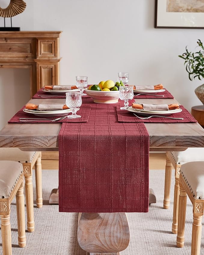 ZeeMart Linen Checked Farmhouse Table Runner, 13x48 Inches Burgundy | Raised Grid Design, Rich Woven Texture, Linen Blend Table Runners 48 Inches Long, Machine Washable, Boho Home Kitchen Decor