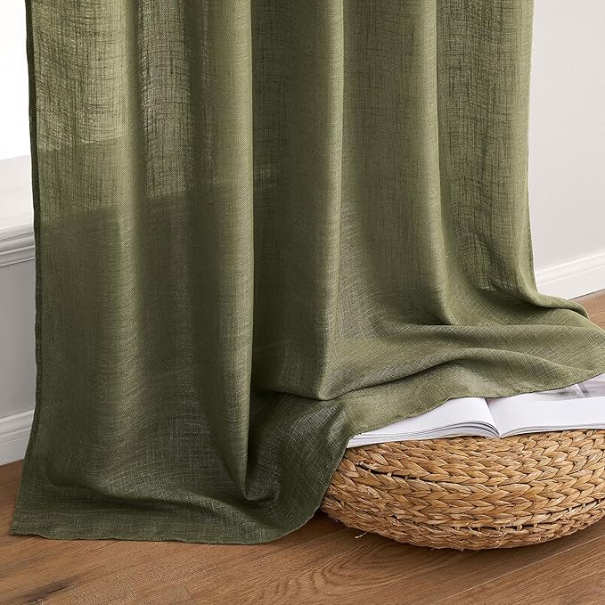 MIULEE Light Olive Green Linen Curtains 96 Inches Long 2 Panels for Bedroom Living Room, Soft Linen Textured Natural Window Drapes Semi Sheer Light Filtering Back Tab Rod Pocket Burlap Look Decor