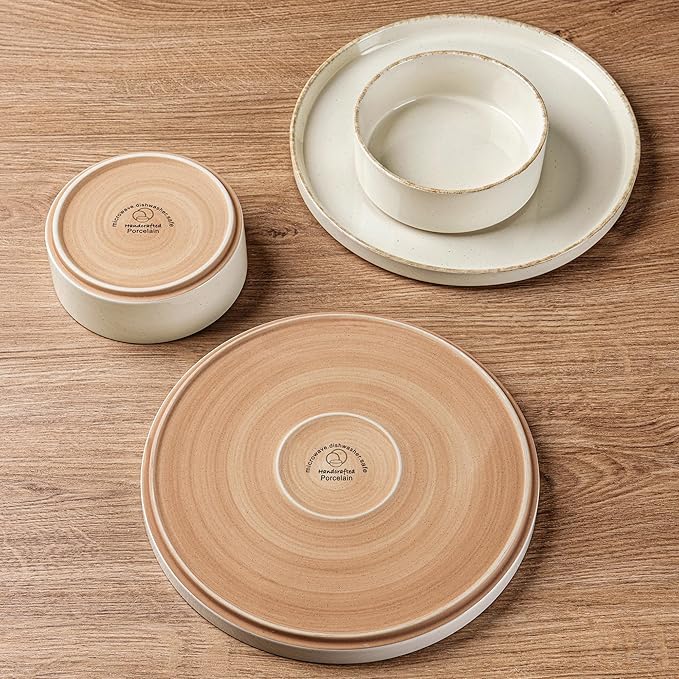 AmorArc Ceramic Dinnerware Sets for 8, 24 Pieces Handpainted Plates and Bowls Set with Rustic Terracotta Underside, Scratch Resistant Stoneware Dishes Set, Dishwasher & Microwave Safe