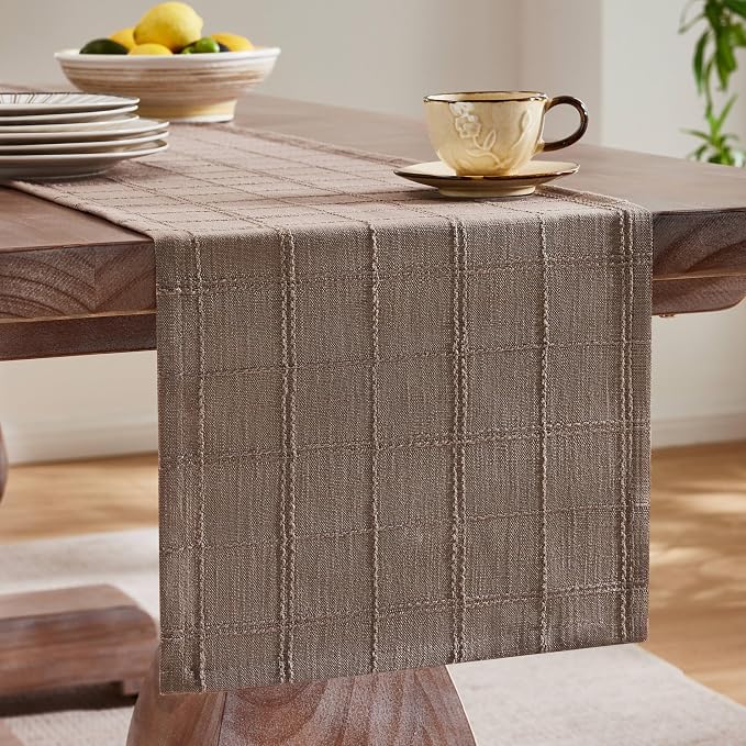 ZeeMart Linen Checked Farmhouse Table Runner, 13x90 Inches Cocoa Brown | Raised Grid Design, Rich Woven Texture, Linen Blend Table Runners 90 Inches Long, Machine Washable, Boho Home Kitchen Decor