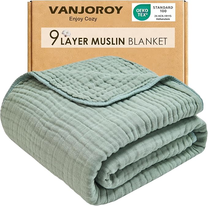 VANJOROY 9-Layer Muslin Throw Blanket 50" x 70" Teal, 100% Cotton Organic Breathable Lightweight Large Throw for Couch Bed Quilt and Bedspread - All Season Muslin Soft Gauze Blanket