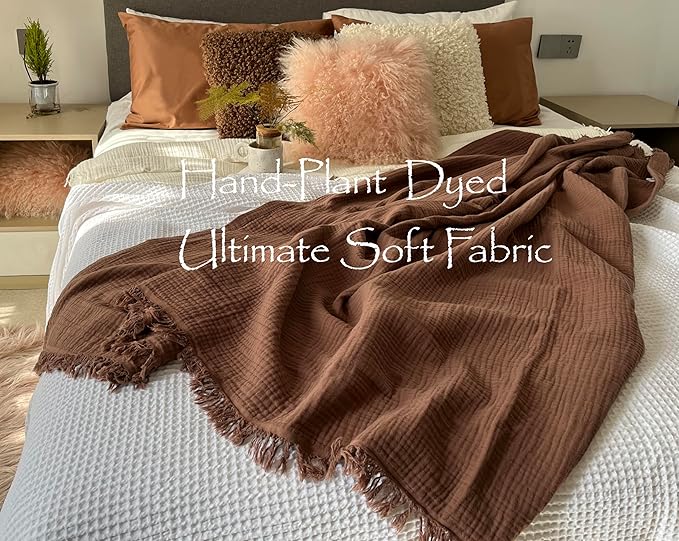KyraHome 100% Cotton Throw Blankets, 90"x104" King Size, Organic Cotton Pre-Washed, Lightweight Gauze Fall Throw Blankets, Layering Muslin Blankets Bed Coverlet, All Season, (Brown)