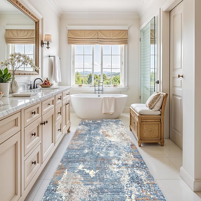 4x10 ft Extra Wide Hallway Rug – Non-Slip Washable Large Carpet Runner for Kitchen, Indoor Entryway, Modern Abstract Low-Pile Thin Floor Mat for Bedroom, Living Room, Dining Room (Blue Rust,4x10)