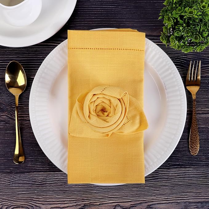 FINGERCRAFT Cloth Napkins, Hemstitched Napkins Cloth, 20 x 20 Inch Generous Picot Hem and Mitered Corner, Everyday Use Premium Quality Perfect for Parties Dinners Weddings Cocktail Set of 6 Daffodil