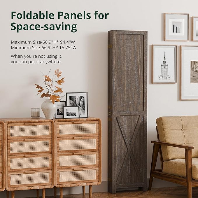 Cozy Castle 6 Panel Folding Room Divider, Solid Wood Privacy Screen, Freestanding Partition Wall, Temporary Wall for Home/Office/Bedroom/Restaurant, Rustic Brown