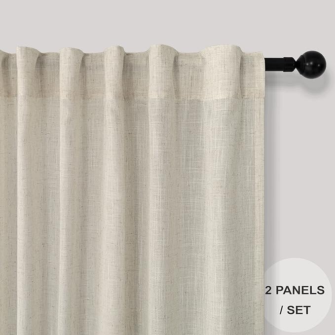 Pitalk Linen Sheer Drape 104 Inch Curtains for Living Room Custom Curtains 2 Panels Back Tab Pleated Modern Farmhouse Light Filtering Ceiling to Floor for Large Window 52 x 104 Long Curtains Beige