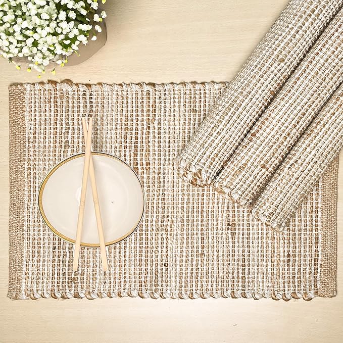 Chardin Home Natural Jute and Ivory Placemats, Set of 4 – Rustic Handmade Boho Table Mats, 13x19 Inch Dining Table Placemats for Kitchen, Everyday Meals, Holidays, Farmhouse or Modern Table Décor