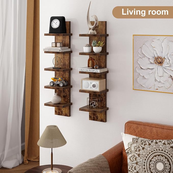 Fun Memories 5 Tier Wall Shelf Unit, Decorative Wall Mount Vertical Shelving, Floating Storage Home Decor Organizer Tall Tower Design Utility Shelving Bedroom Living Room, Brown 2Pack