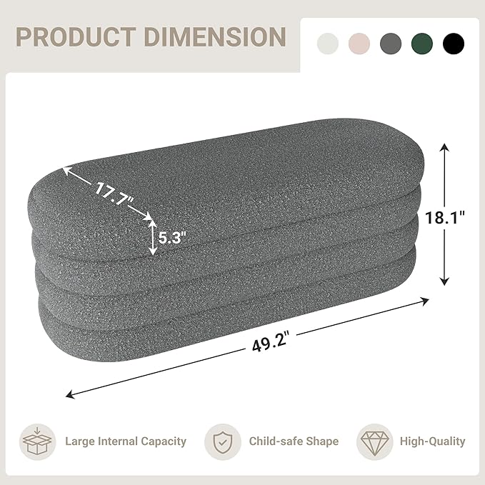 Busaurus Storage Ottoman Bench 49.2 Inch Upholstered Fabric Storage Bench for Bedroom End of Bed Aesthetic Large Oval Ottoman for Living Room(Grey)